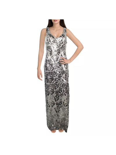 DONNA KARAN NEW YORK Womens Silver Mesh Sequined Slitted Lined Darted Pull-over Geometric Sleeveless Scoop Neck Full-Length Formal Sheath Dress 2
