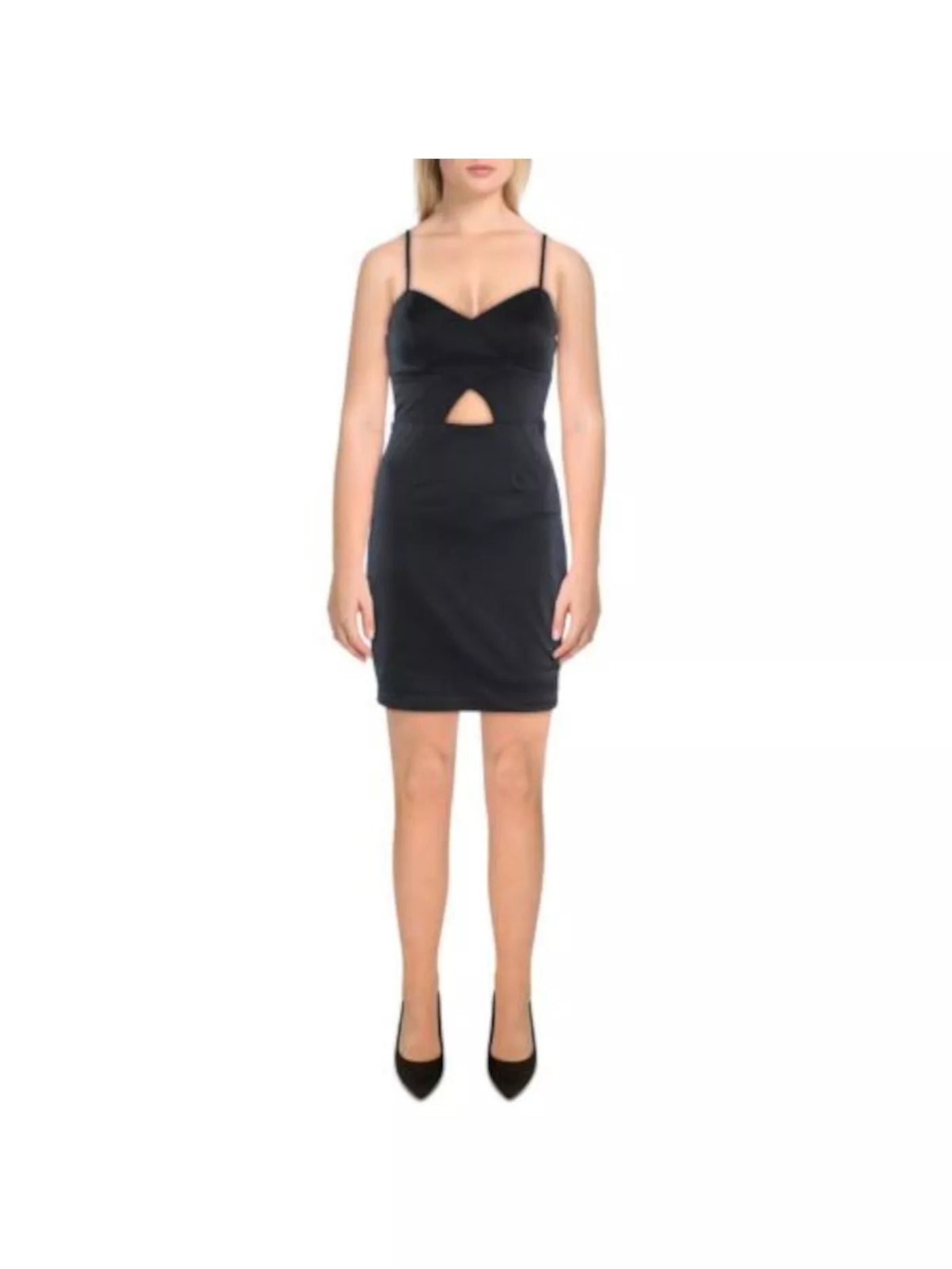 CRYSTAL DOLLS Womens Black Zippered Lined Front Cut Out Spaghetti Strap Sweetheart Neckline Above The Knee Party Sheath Dress Juniors S