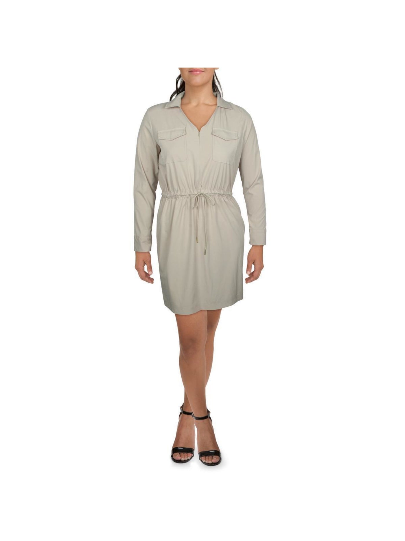 CALVIN KLEIN Womens Beige Pocketed Unlined Drawstring Waist Zippered Cuffed Sleeve Collared Above The Knee Shirt Dress 10