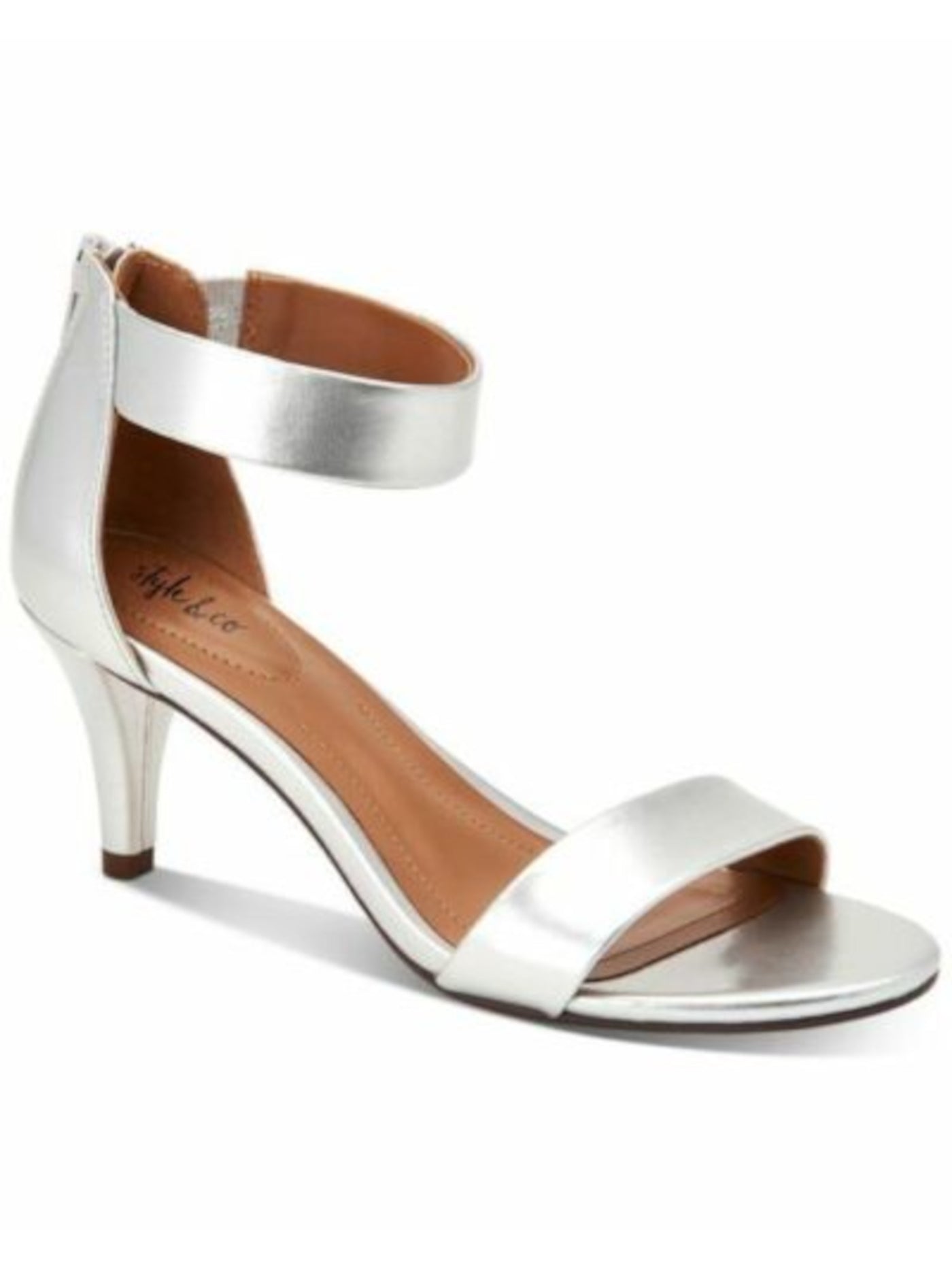 STYLE & COMPANY Womens Silver Goring Metallic Ankle Strap Padded Paycee Round Toe Stiletto Zip-Up Dress Sandals Shoes 6 M