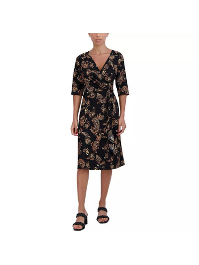 SIGNATURE BY ROBBIE BEE Womens Black Unlined Gathered D-ring Waist Printed Elbow Sleeve Surplice Neckline Midi Wear To Work Faux Wrap Dress Petites PS