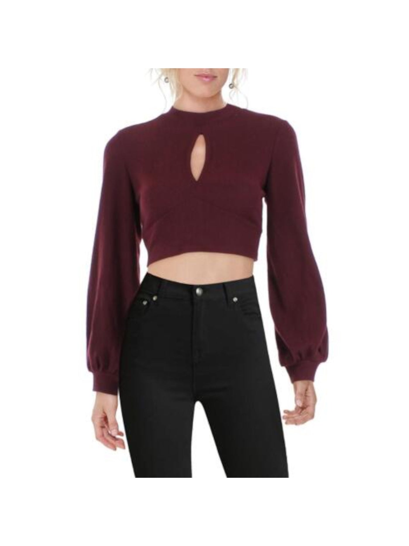 ALMOST FAMOUS Womens Maroon Cut Out Ribbed Button Neck Open Tie Back Balloon Sleeve Mock Neck Crop Top Sweater M