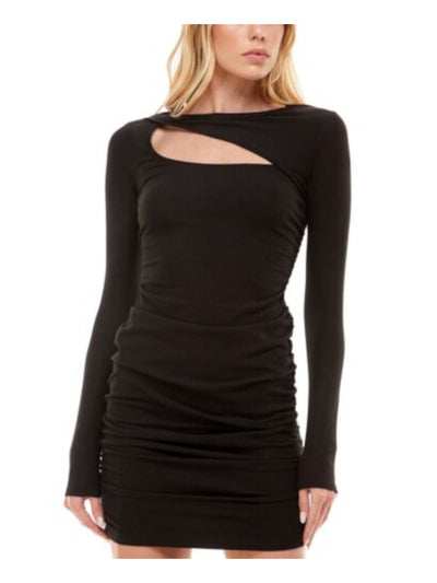 ULTRA FLIRT Womens Black Stretch Cut Out Ribbed Ruched Long Sleeve Crew Neck Short Body Con Dress L