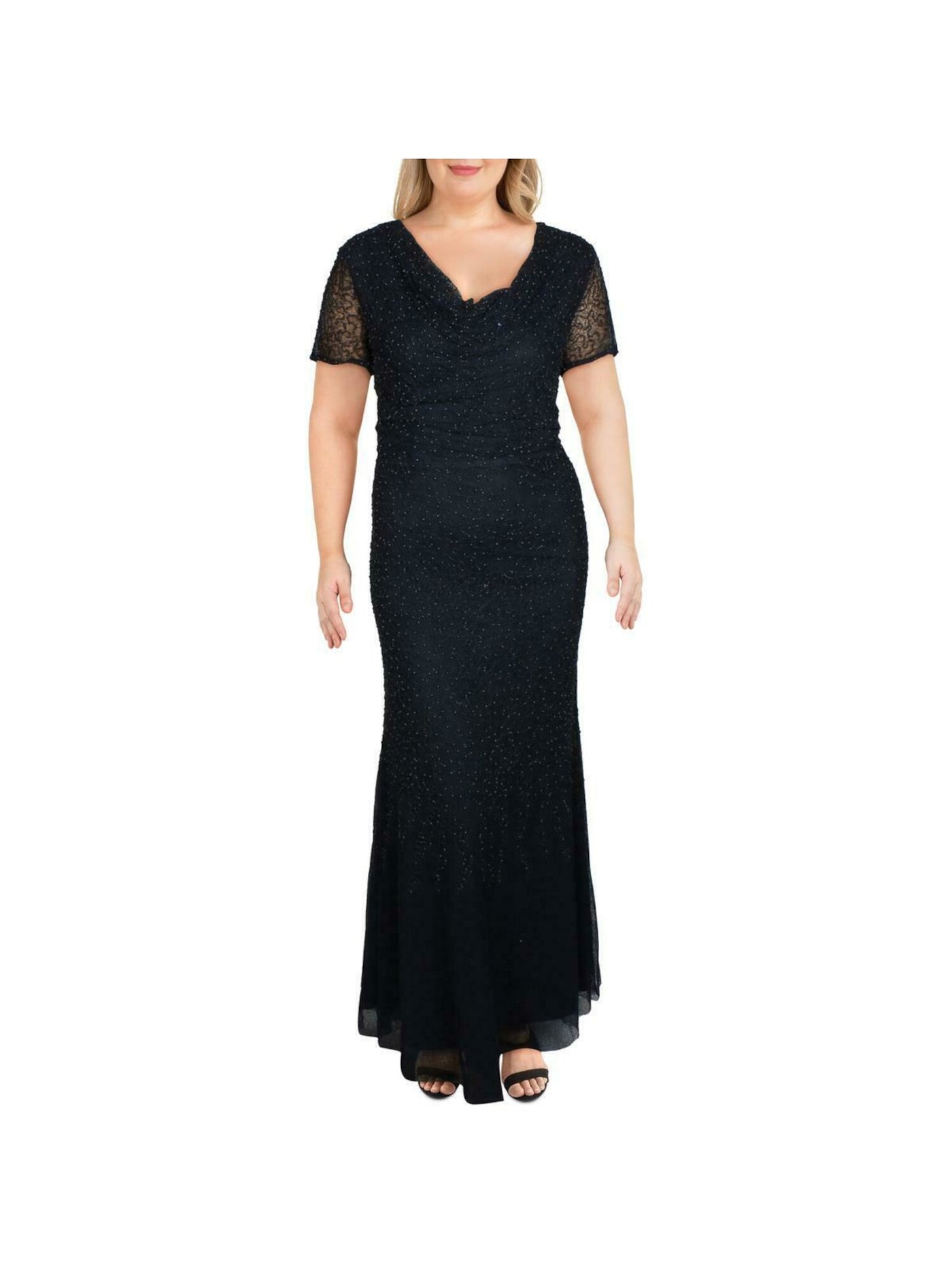 JS COLLECTION Womens Navy Beaded Zippered Short Sleeve Cowl Neck Full-Length Evening Sheath Dress 2