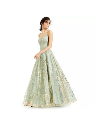 SAY YES TO THE PROM Womens Green Sequined Zippered Glitter Lined Mesh Padded Strap Sleeveless V Neck Full-Length Formal Gown Dress Juniors 11\12