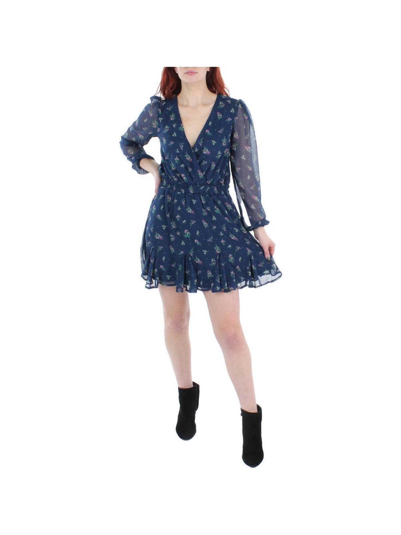 TRIXXI Womens Sheer Long Sleeve Surplice Neckline Short Fit + Flare Dress