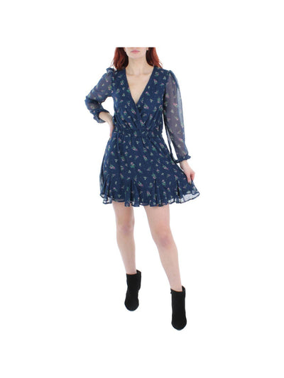 TRIXXI Womens Sheer Long Sleeve Surplice Neckline Short Fit + Flare Dress