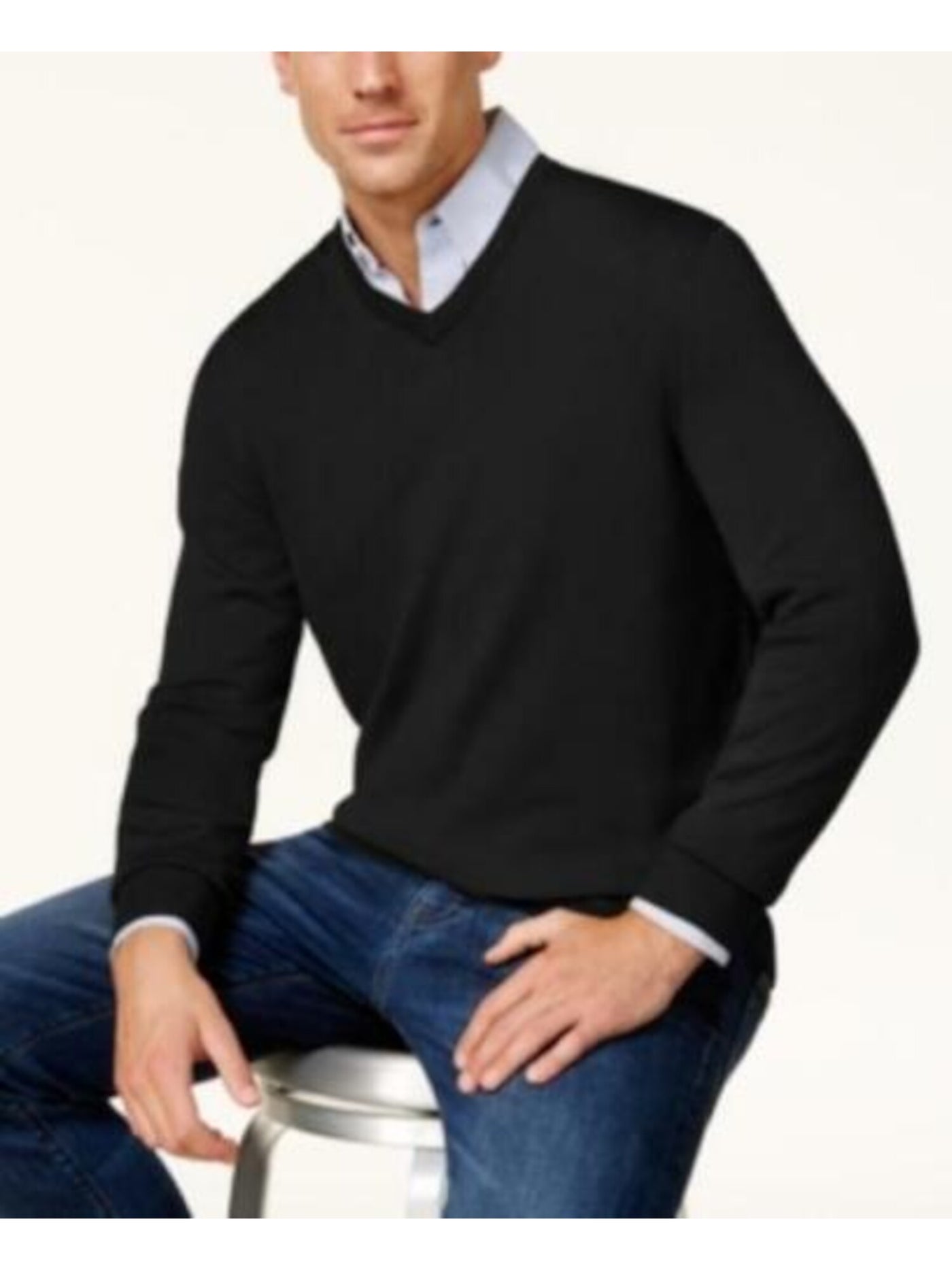 CLUBROOM Mens Black Long Sleeve V Neck Pullover Sweater S