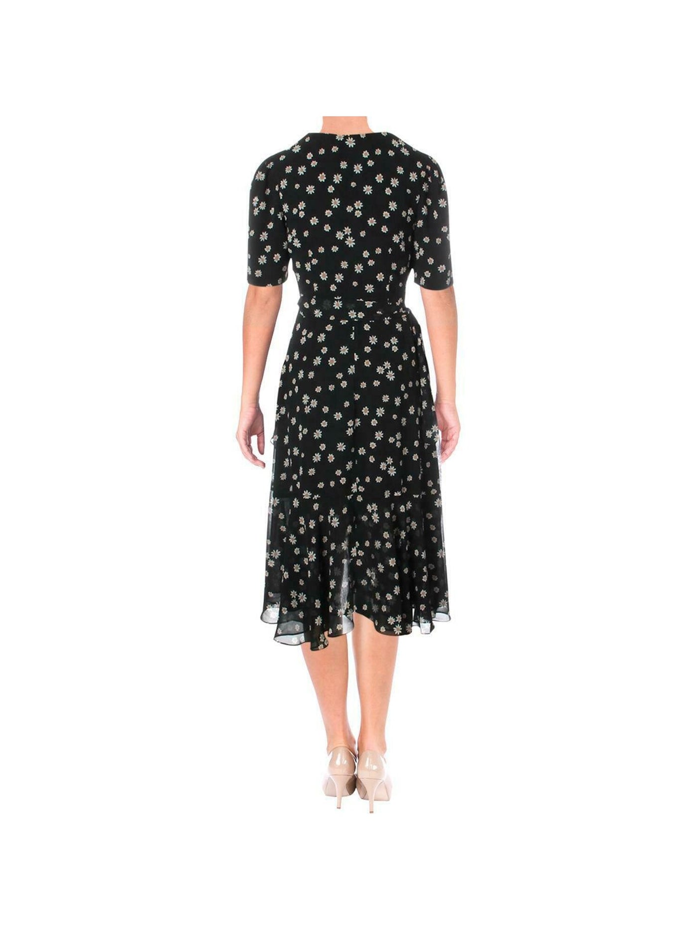 FAME AND PARTNERS Womens Black Floral Short Sleeve V Neck Below The Knee Evening Fit + Flare Dress 14