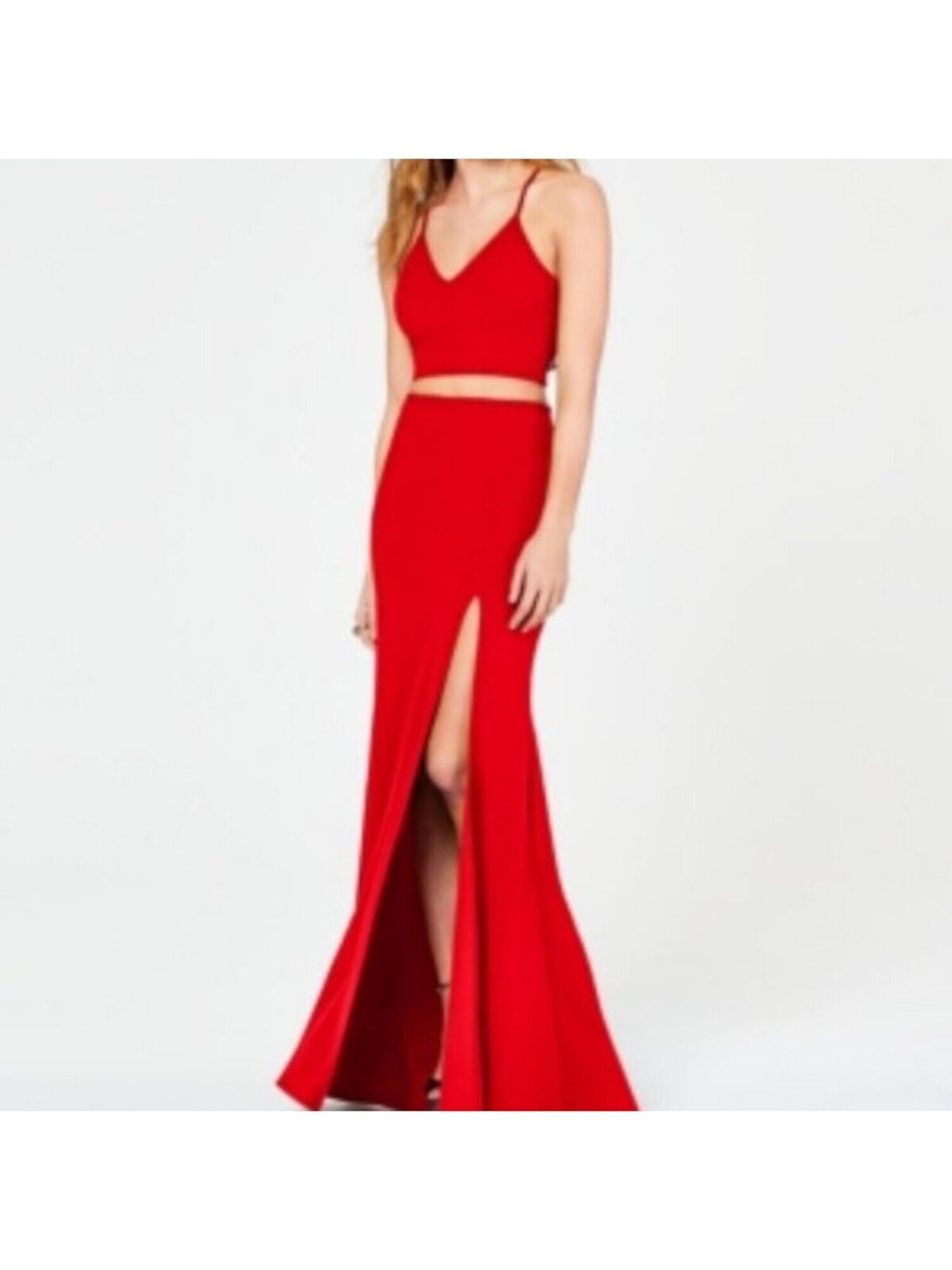 B DARLIN Womens Red Slitted Spaghetti Strap V Neck Full-Length Mermaid Prom Dress 17/18