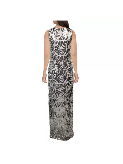 DONNA KARAN NEW YORK Womens Silver Mesh Sequined Slitted Lined Darted Pull-over Geometric Sleeveless Scoop Neck Full-Length Formal Sheath Dress 2