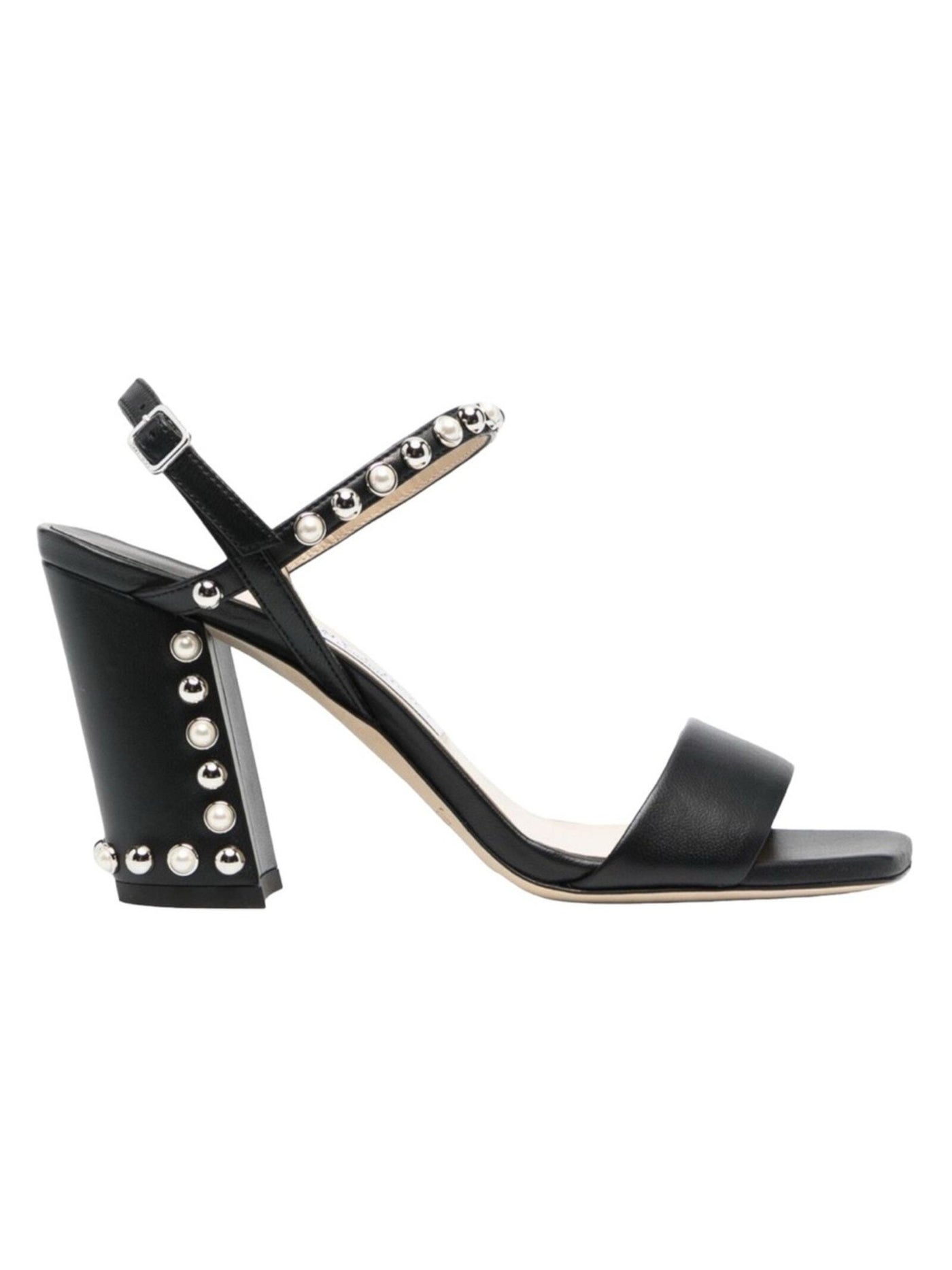 JIMMY CHOO Womens Black Studded Padded Embellished Goring Aadra 85 Square Toe Block Heel Buckle Leather Heeled Sandal 38