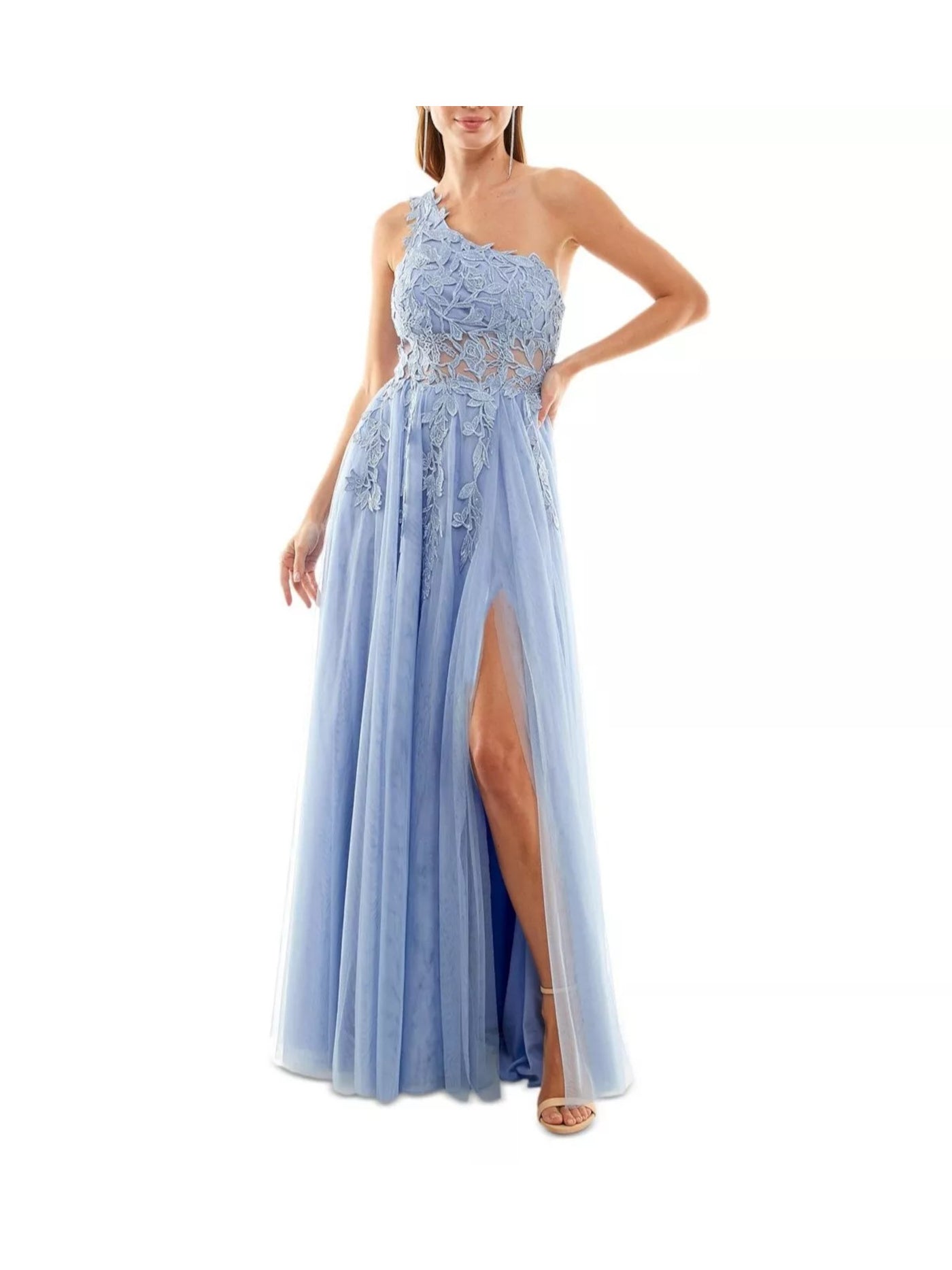 SAY YES TO THE PROM Womens Blue Zippered Rhinestone Lined Slitted Sheer Midriff Sleeveless Asymmetrical Neckline Full-Length Formal Gown Dress Juniors 0