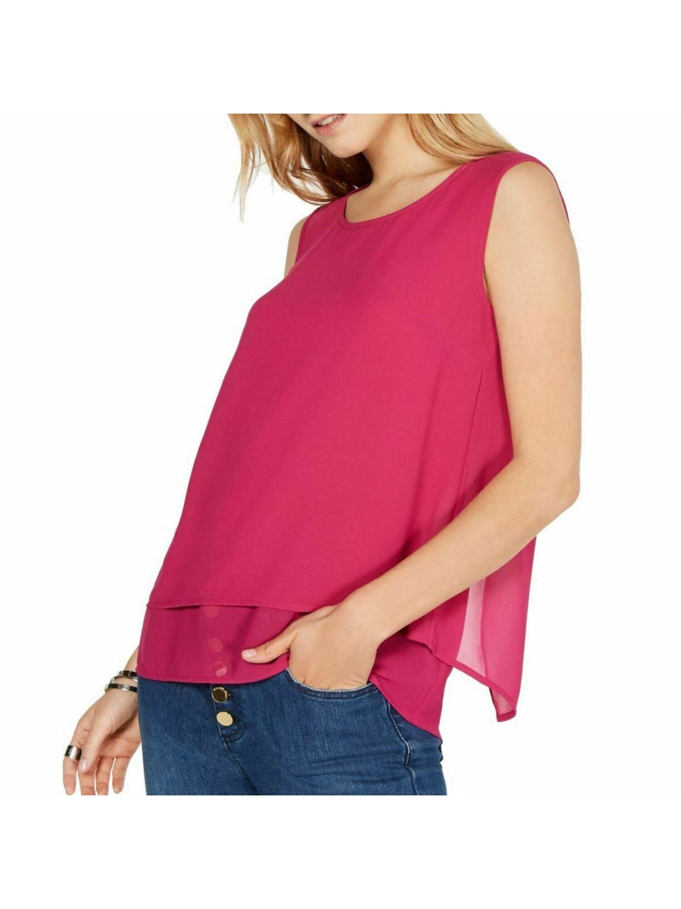 MICHAEL KORS Womens Pink Ruffled Sleeveless Jewel Neck Top Petites P