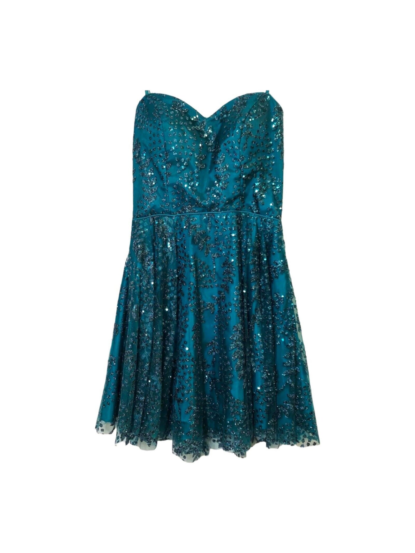 BLONDIE NITES Womens Teal Sequined Glitter Lined Adjustable Zippered Sleeveless Round Neck Short Party Fit + Flare Dress 5