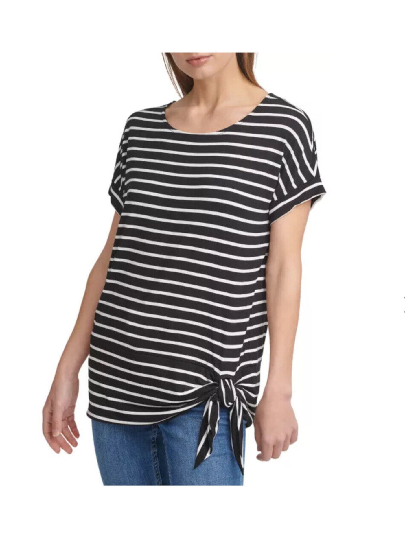 CALVIN KLEIN Womens Black Striped Short Sleeve Round Neck T-Shirt XL