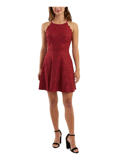 BCX Womens Red Glitter Cut Out Scalloped Floral Sleeveless Halter Short Party Fit + Flare Dress 9