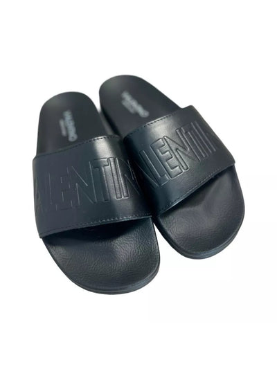 VALENTINO Mens Black Embossed Logo Comfort Cushioned Giano Round Toe Slip On Leather Slide Sandals Shoes 11