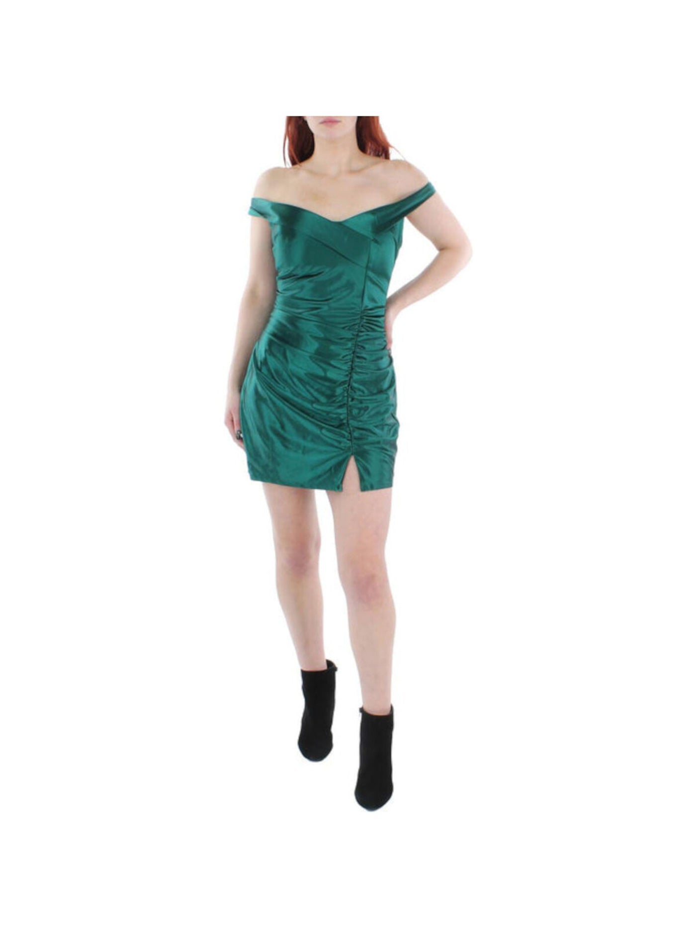 CRYSTAL DOLLS Womens Green Zippered Ruched Crossover Slitted Short Sleeve Off Shoulder Mini Party Body Con Dress 3