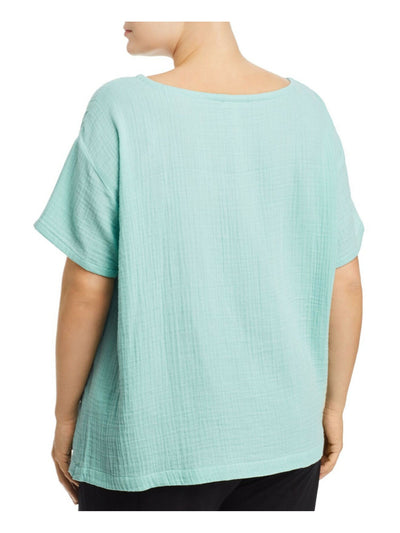 EILEEN FISHER Womens Turquoise Slitted Textured Lofty Gauze Semi-sheer Short Sleeve Boat Neck Blouse Plus 3X
