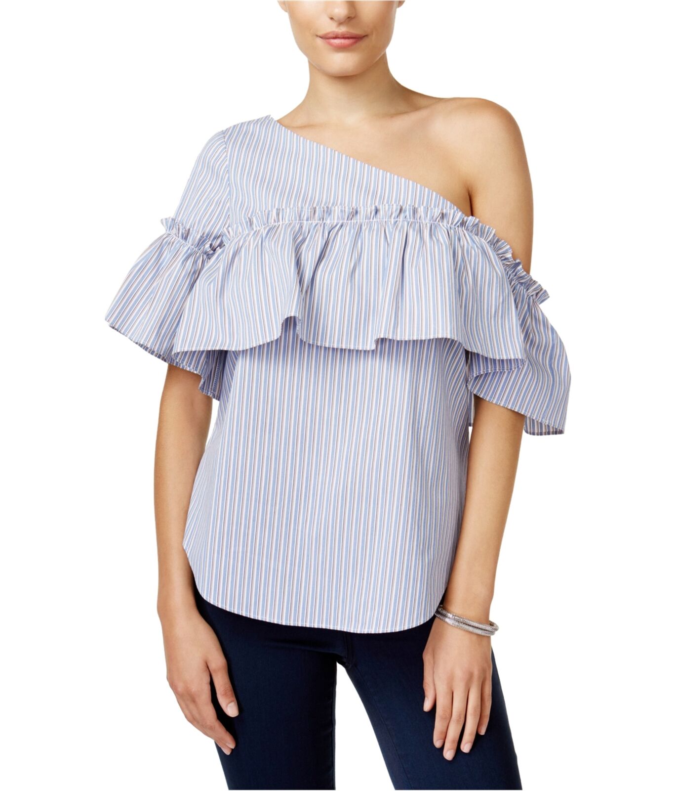 BAR III Womens Blue Ruffled Striped Asymmetrical Neckline Top Size: XXS