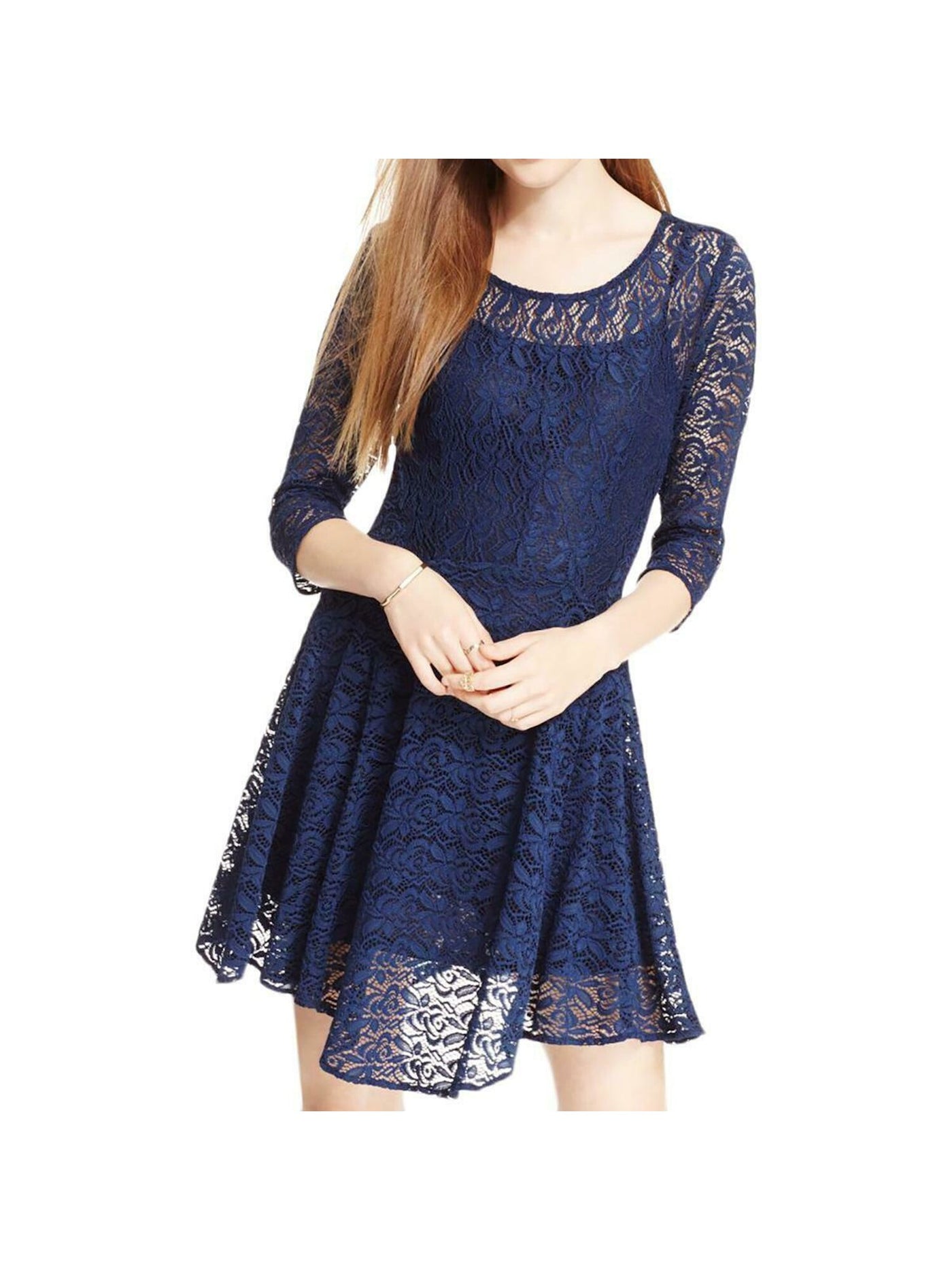 FISHBOWL Womens Lace Long Sleeve Mini Stretch Zippered Fit + Flare Dress