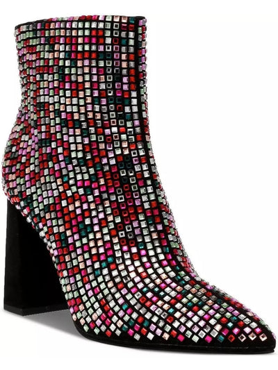 WILD PAIR Womens Black Geometric Rhinestone Padded Ingridd Pointed Toe Block Heel Zip-Up Dress Booties 7 M