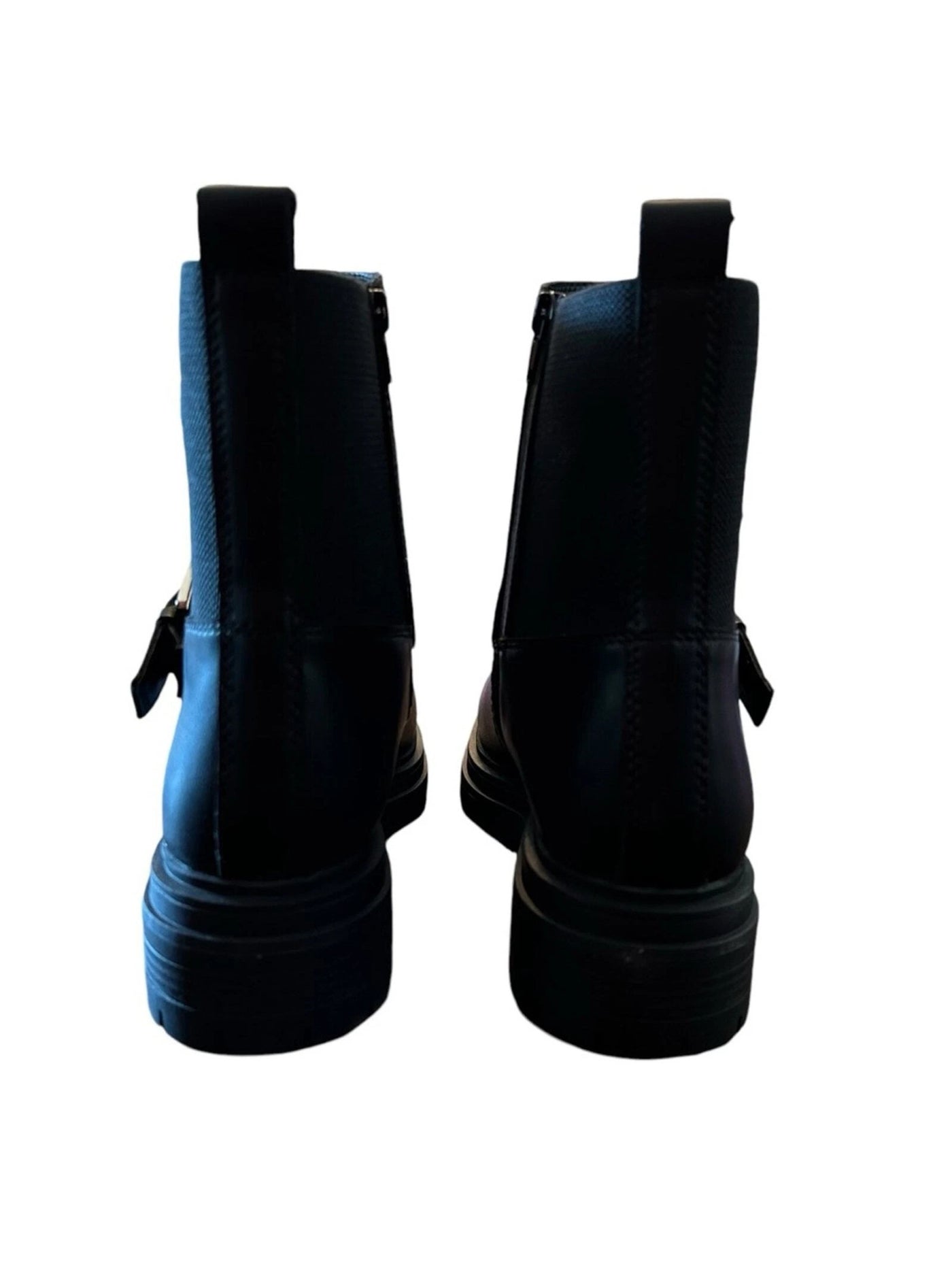 AQUA COLLEGE Womens Black 1" Platform Goring Buckle Ankle Strap Back Pull-Tab Zipper Accent Waterproof Grant Round Toe Block Heel Zip-Up Leather Moto 6.5