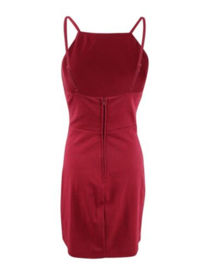 TEEZE ME Womens Red Stretch Zippered Embroidered Mesh Inset Sleeveless Square Neck Short Party Sheath Dress 9\10