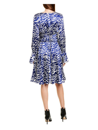 Prabal Gurung Womens Blue Printed Long Sleeve V Neck Knee Length Wear To Work Fit + Flare Dress 6