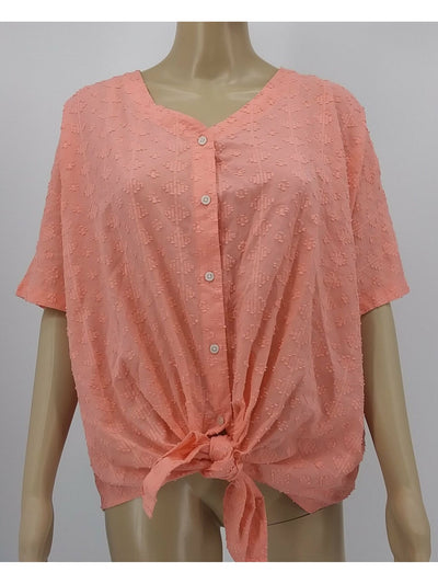 STYLE & COMPANY Womens Coral Short Sleeve V Neck Button Up Top Size: S