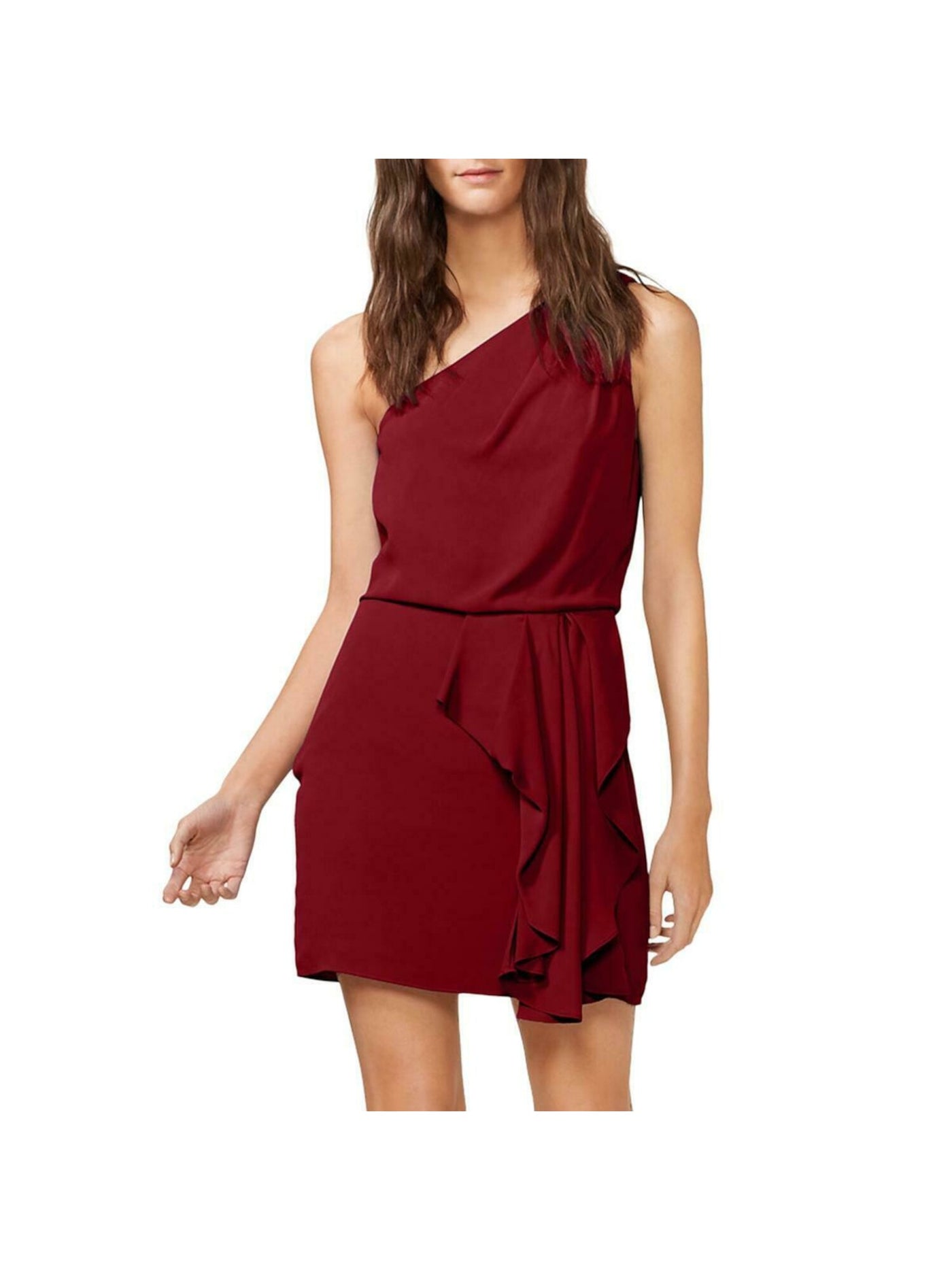 HALSTON Womens Red Sleeveless Asymmetrical Neckline Mini Party Sheath Dress 4