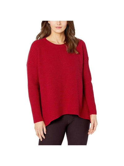 EILEEN FISHER Womens Red Knit Ribbed Textured Long Sleeve Scoop Neck Hi-Lo Sweater Petites PM