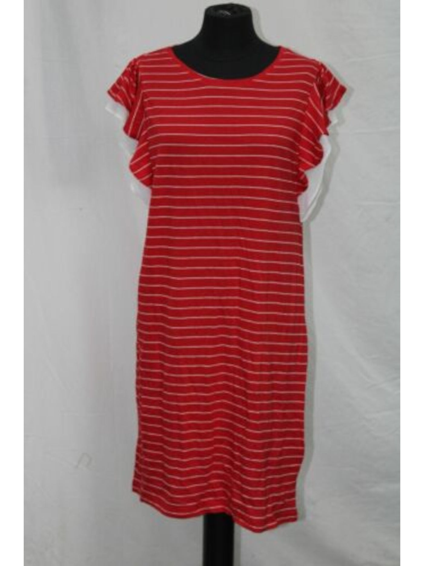 MAISON JULES Womens Red Ruffled Striped Short Sleeve Jewel Neck Above The Knee Shift Dress XS