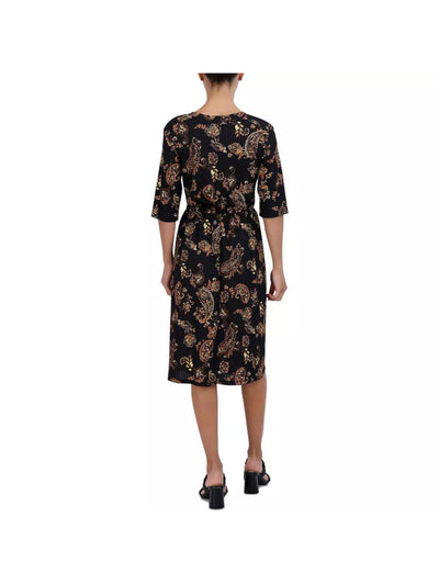 SIGNATURE BY ROBBIE BEE Womens Black Unlined Gathered D-ring Waist Printed Elbow Sleeve Surplice Neckline Midi Wear To Work Faux Wrap Dress Petites PS