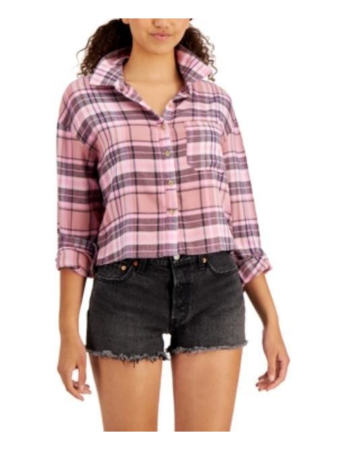 SELF E Womens Pink Pocketed Relaxed Fit Plaid Cuffed Sleeve Point Collar Button Up Top XL