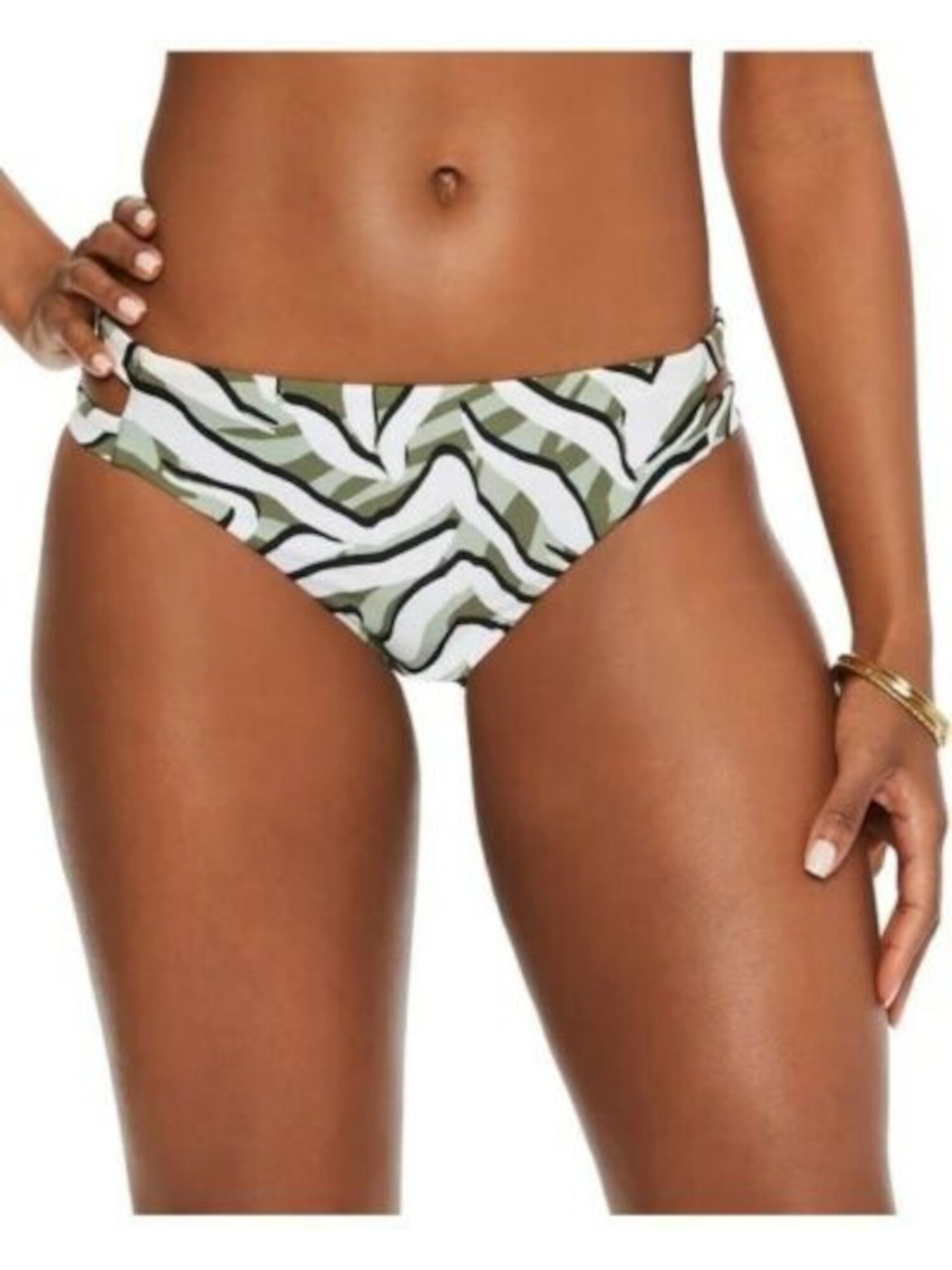 BAR III Women's Green Printed Stretch Strappy Sides Lined Full Coverage Hypno Beach Hipster Swimsuit Bottom L