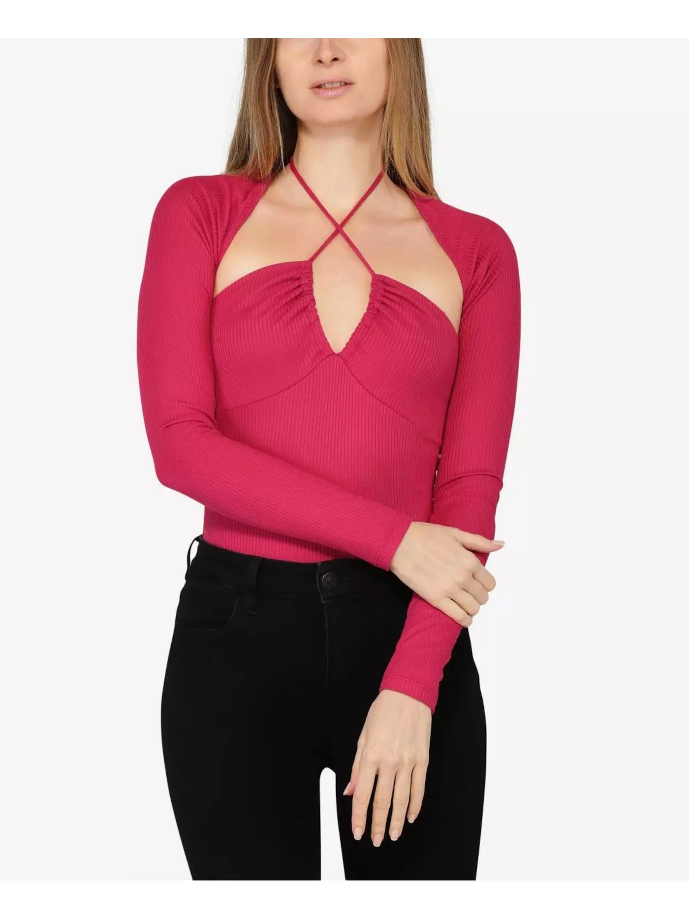 JUST POLLY NEW YORK Womens Pink Ribbed Cut Out Tie V-halter Neck Long Sleeves Bodysuit Juniors XS