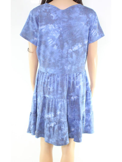 BEBOP Womens Blue Tie Dye Short Sleeve Crew Neck Mini Fit + Flare Dress XXS