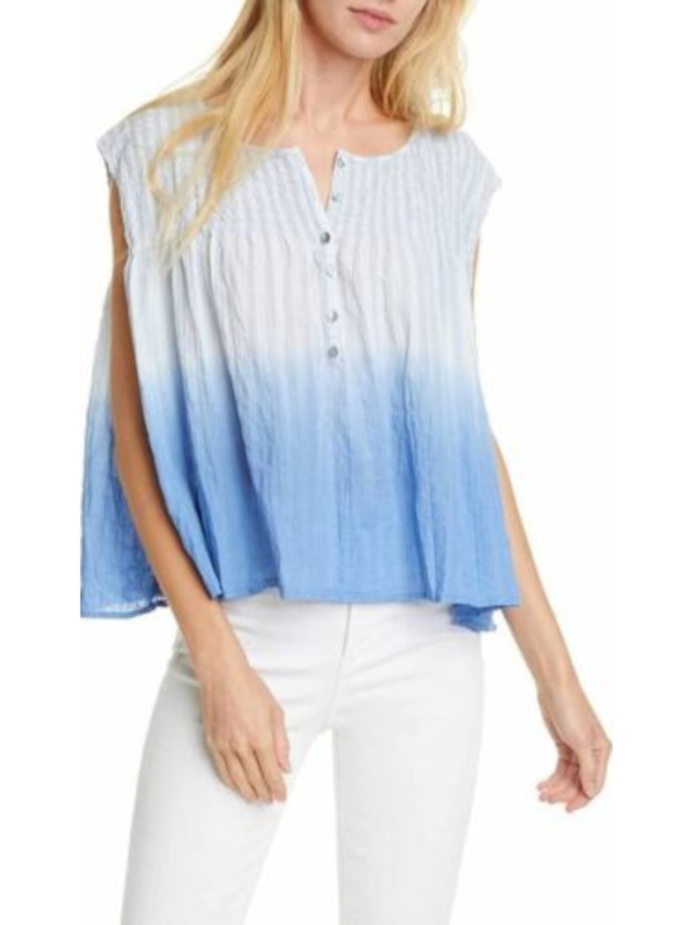 WE THE FREE Womens Blue Ruffled Ombre Cap Sleeve Henley Top S