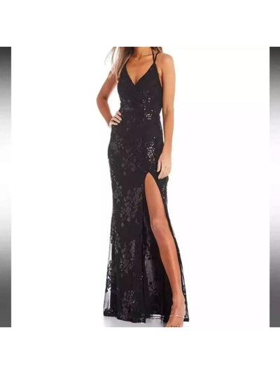 SPEECHLESS Womens Black Mesh Zippered Slitted Padded Bust Strappy Tie Back Floral Spaghetti Strap Surplice Neckline Full-Length Prom Gown Dress Juniors 3