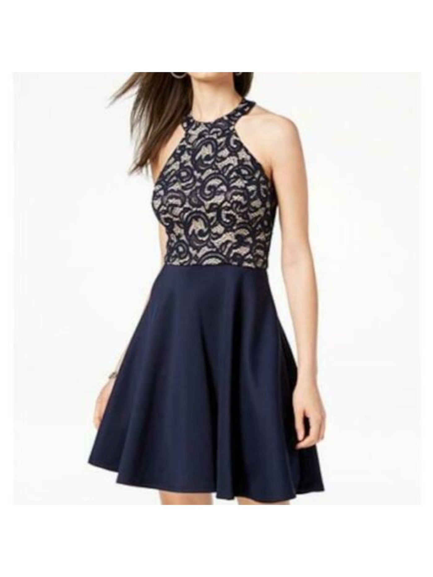 B DARLIN Womens Navy Lace Glitter Strappy Open Back Sleeveless Halter Short Party Fit + Flare Dress 1\2