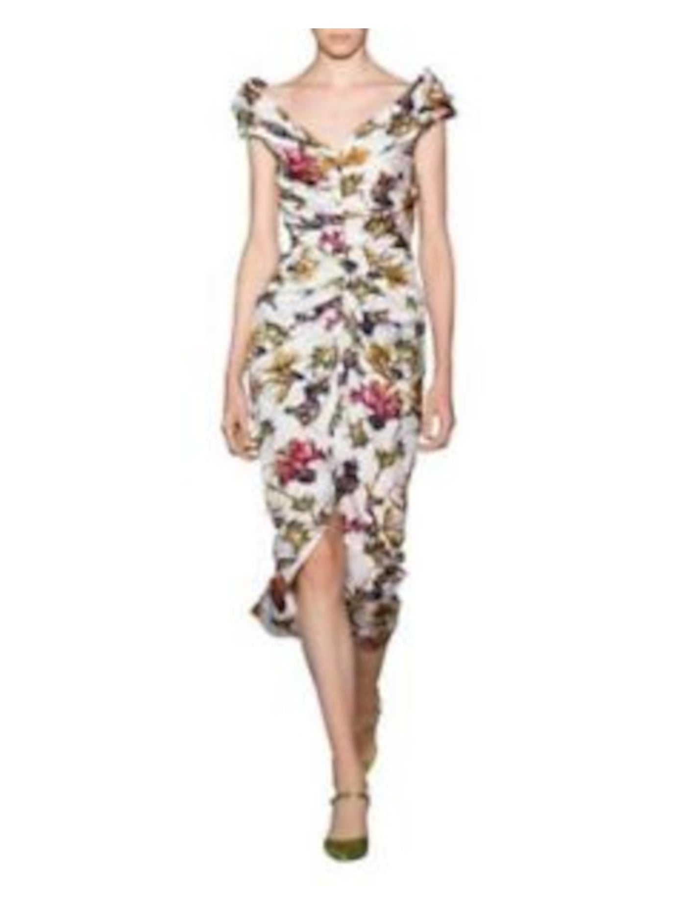 JASON WU Womens White Zippered Ruched Lined V Back Slitted Floral Cap Sleeve V Neck Midi Evening Sheath Dress 8