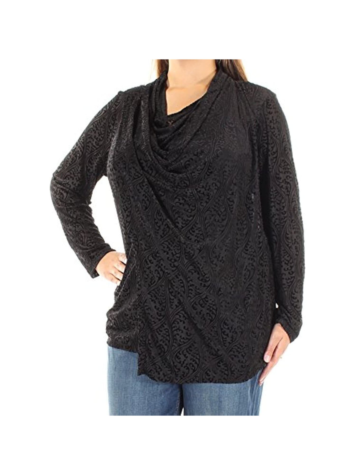 ALFANI Womens Black Velvet Long Sleeve Cowl Neck Wrap Top XL