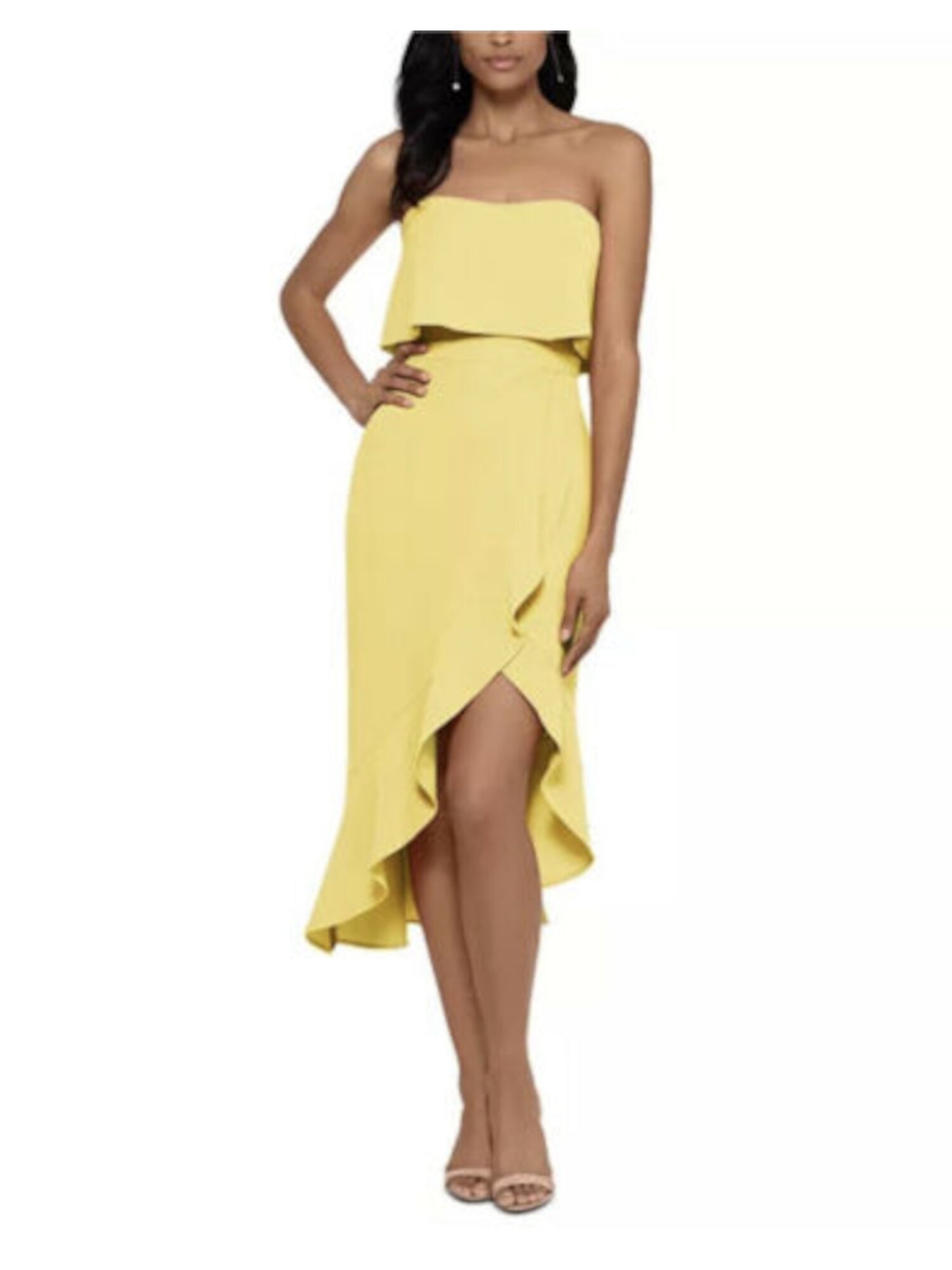 XSCAPE Womens Yellow Ruffled Zippered Sleeveless Sweetheart Neckline Short Party Hi-Lo Dress 14