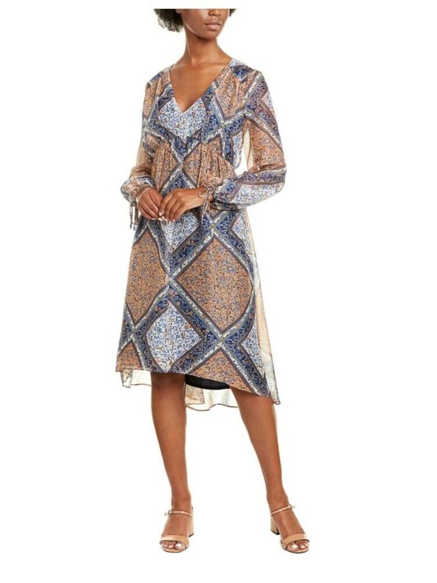 TAYLOR Womens Navy Zippered Chiffon Printed Cuffed Sleeve V Neck Midi Hi-Lo Dress 2