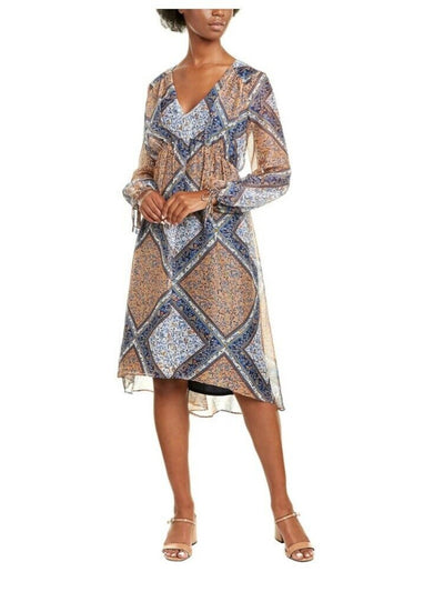 TAYLOR Womens Navy Zippered Chiffon Printed Cuffed Sleeve V Neck Midi Hi-Lo Dress 14