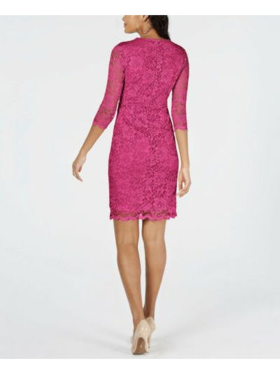 THALIA SODI Womens Pink Stretch Lace Zippered Empire Waist Lined 3/4 Sleeve Surplice Neckline Knee Length Party Sheath Dress S