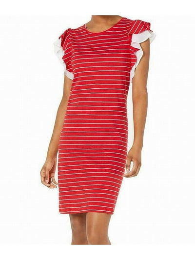 MAISON JULES Womens Red Ruffled Striped Short Sleeve Jewel Neck Above The Knee Shift Dress M
