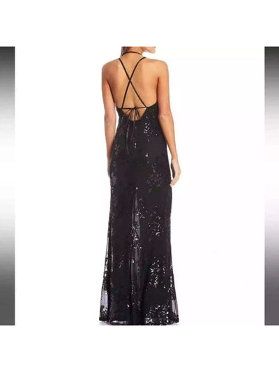 SPEECHLESS Womens Black Mesh Zippered Slitted Padded Bust Strappy Tie Back Floral Spaghetti Strap Surplice Neckline Full-Length Prom Gown Dress Juniors 3